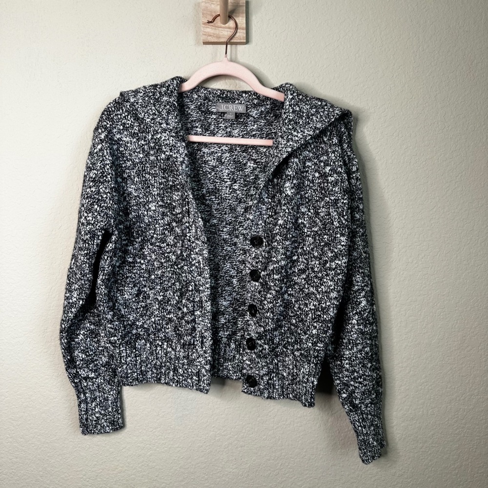 J.Crew Sailor-collar Women Black White Marled Knit Hooded Cardigan Cotton Wool S